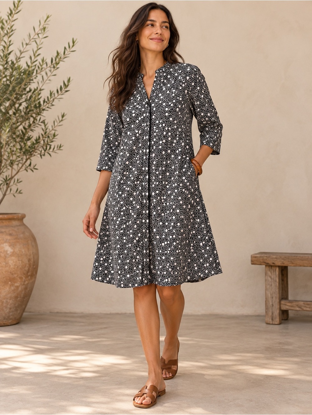 Zuri Black & White Honeycomb Geometric Print Dress Pockets XL Long Ethical